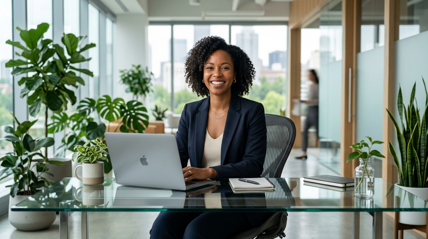 Friendly remote executive at clean workstation